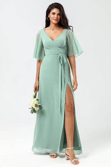 A Line V-Neck Matcha Chiffon Bridesmaid Dress with Slit